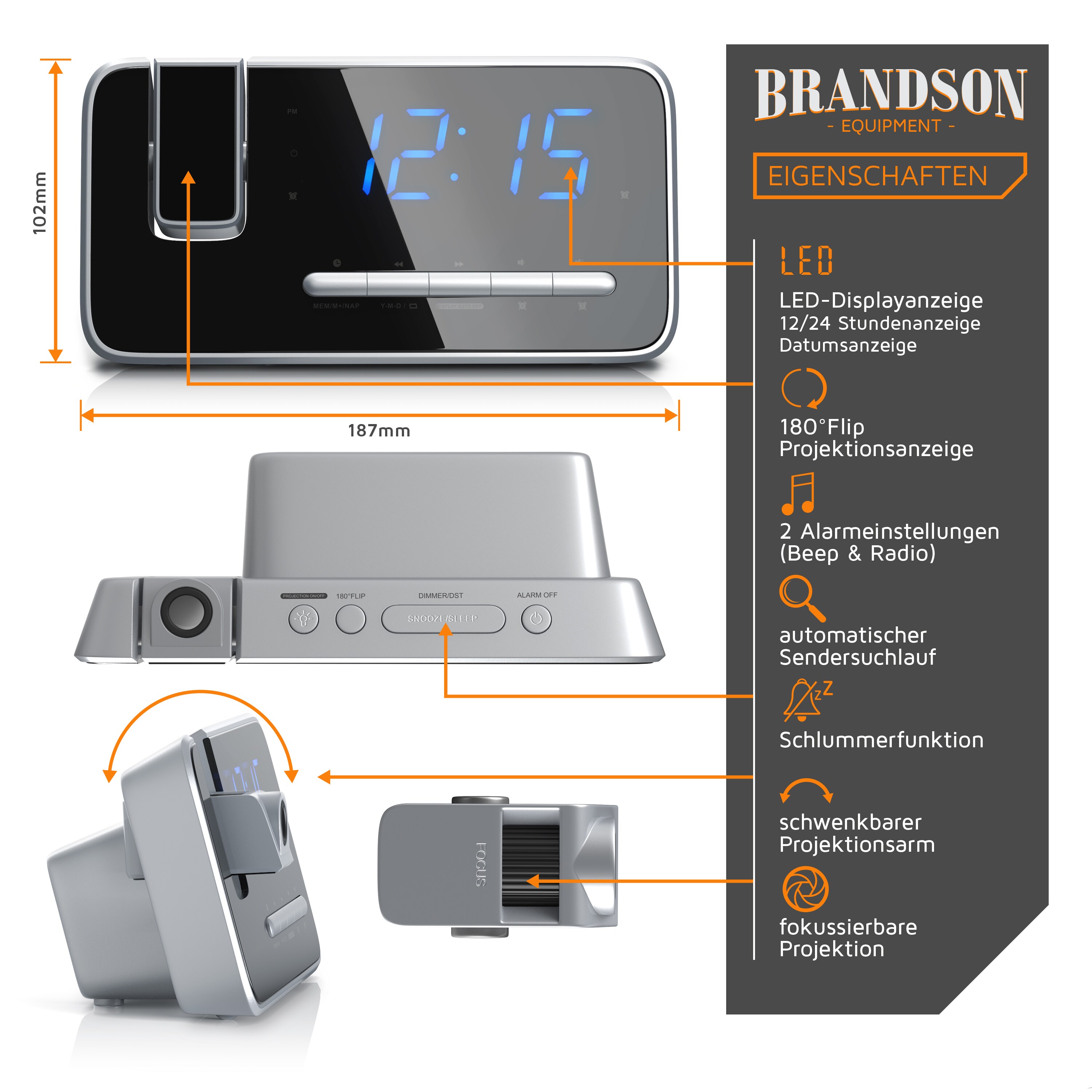 Brandson Radiowecker, FM Radio Wecker, Projektionsanzeige, 4,7