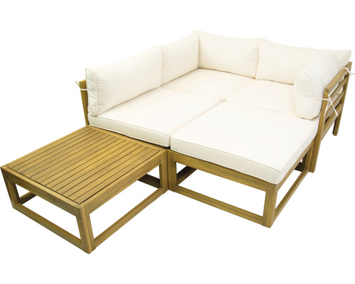 Loungeset voor 4 personen bestaande uit: fauteuil, kruk, houten tafel inclusief kussens