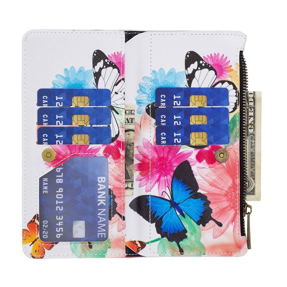 Samsung Galaxy A54 5G Leder Wallet Etui Tasche mit 9 Kartenfächern   Münzfach - Blumen & Schmetterlinge
