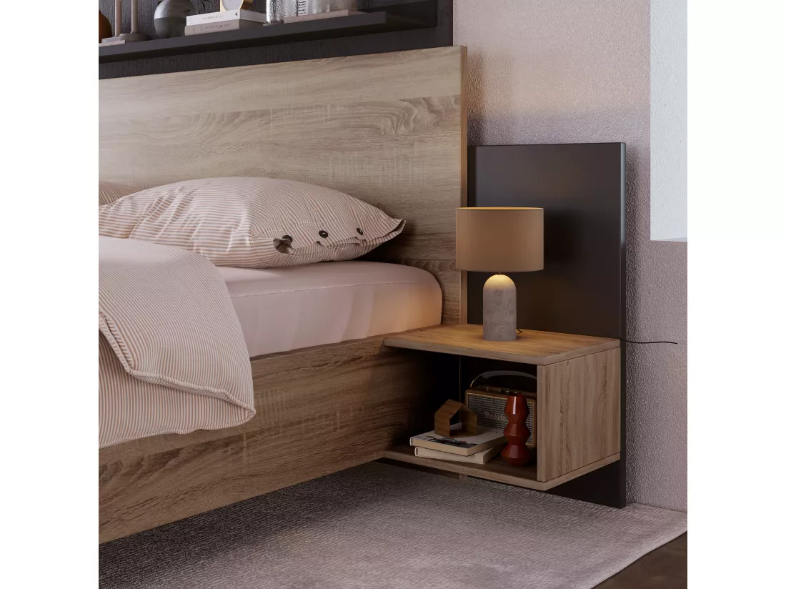 Ensemble lit avec chevets 160 x 200 cm + Sommier - bois massif - Coloris : Naturel et anthracite