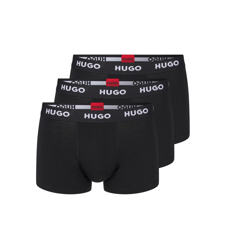 Pacote com 3 cuecas boxer HUGO com elástico na cintura e logo, pretas.