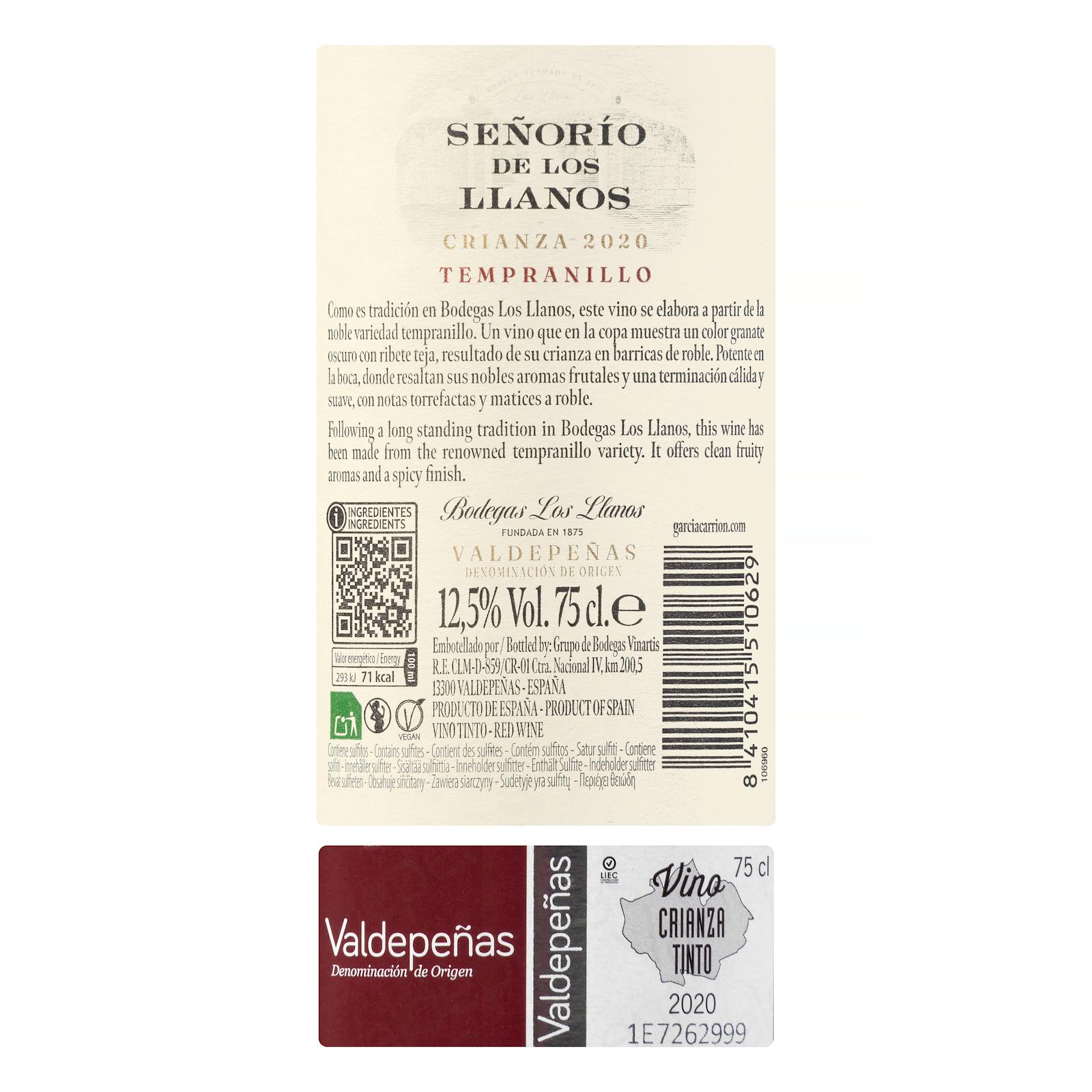 Vin rouge DO Valdepeñas Señorío de los Llanos crianza