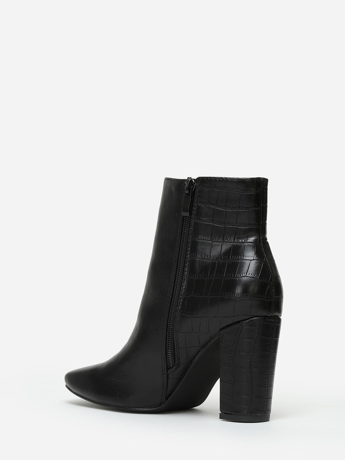 Bottines bi-matières à talon et bout carré- Noir