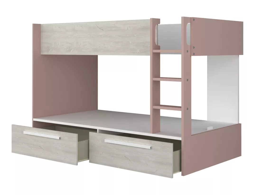 Lits superposés 2 x 90 x 200 cm - 2 tiroirs - Rose, naturel et blanc - TINOLI