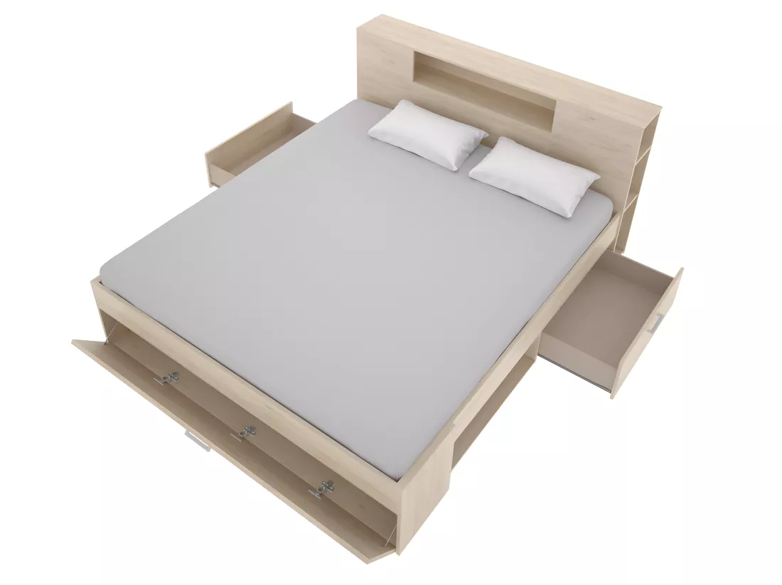 Lit avec tête de lit rangements et tiroirs - 140 x 190 cm - Coloris : Naturel + Sommier + Matelas - LEANDRE
