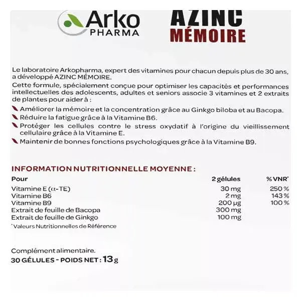Arkopharma Azinc Memory 30 cápsulas
