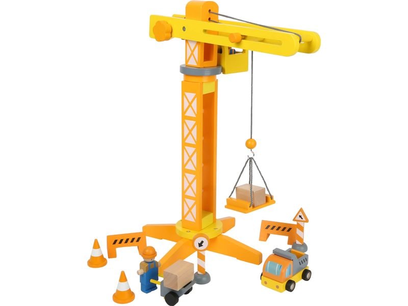 small foot Baukran mit Baustellenzubehör Umfangreiches Spielset aus Holz mit grossem Kran und viel Zubehör