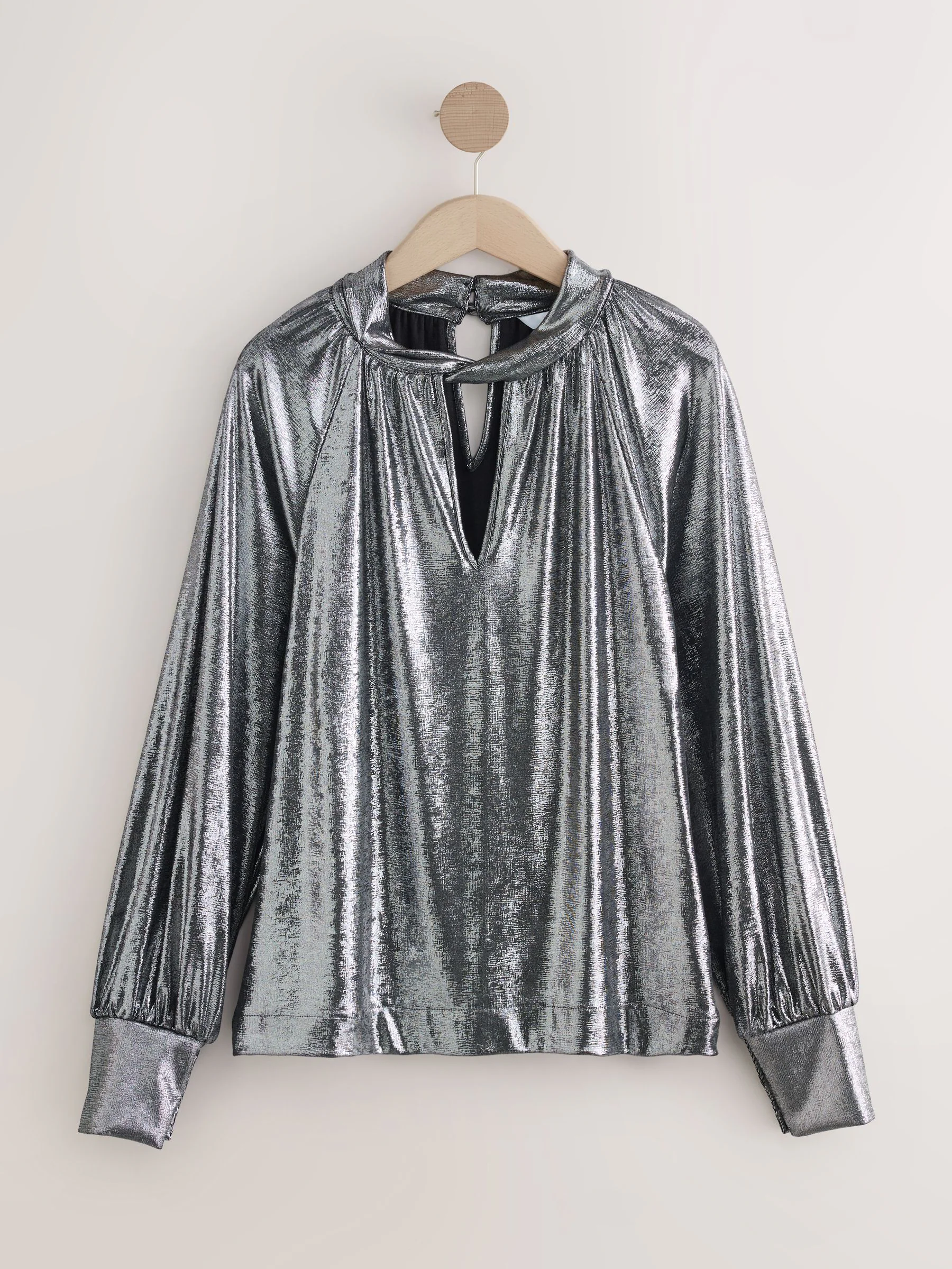 Zilver - Long Sleeve Twist Neck Metallic Lame Blouse