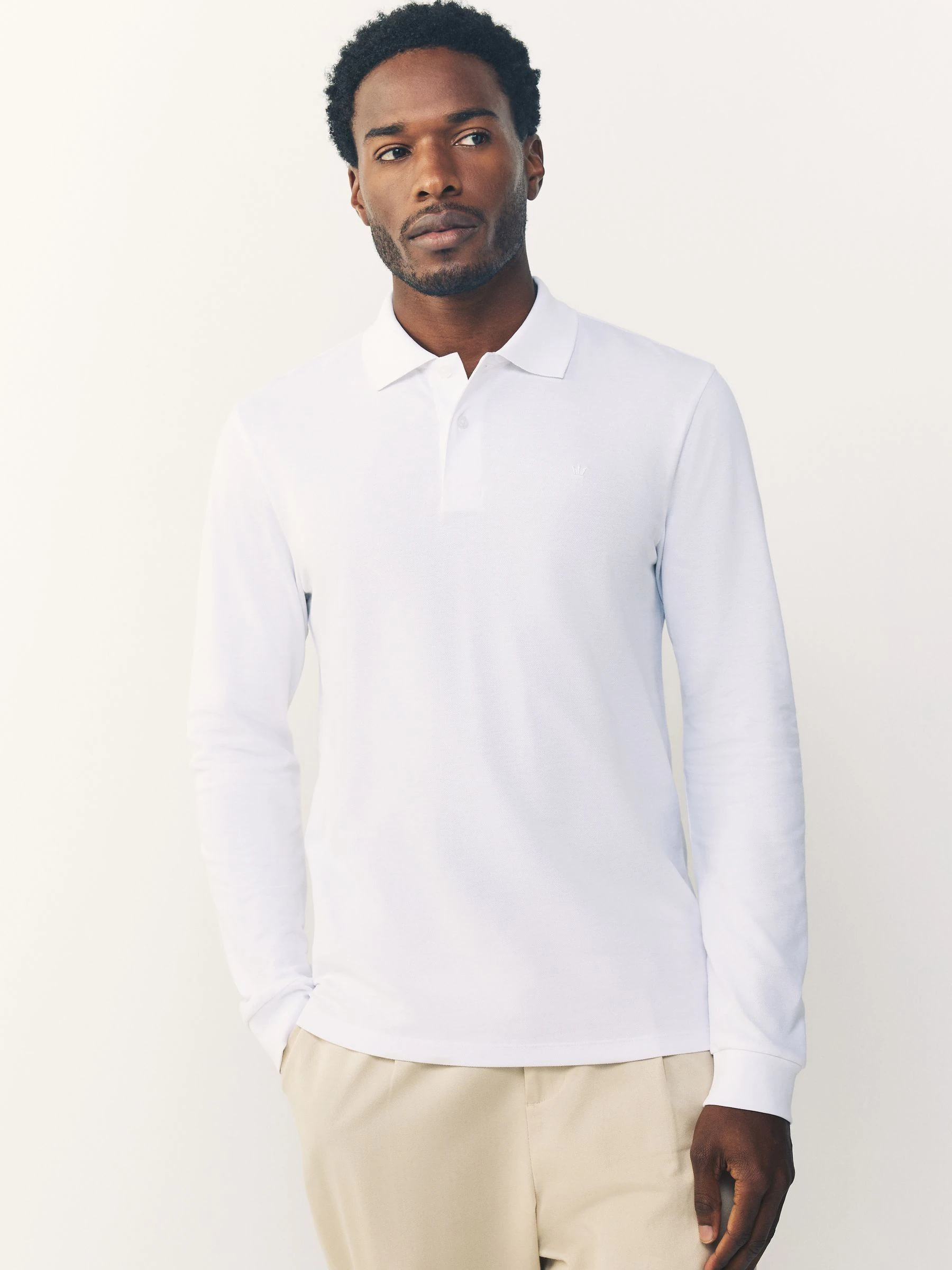 Wit - Slim Fit - Piqué polo met lange mouwen