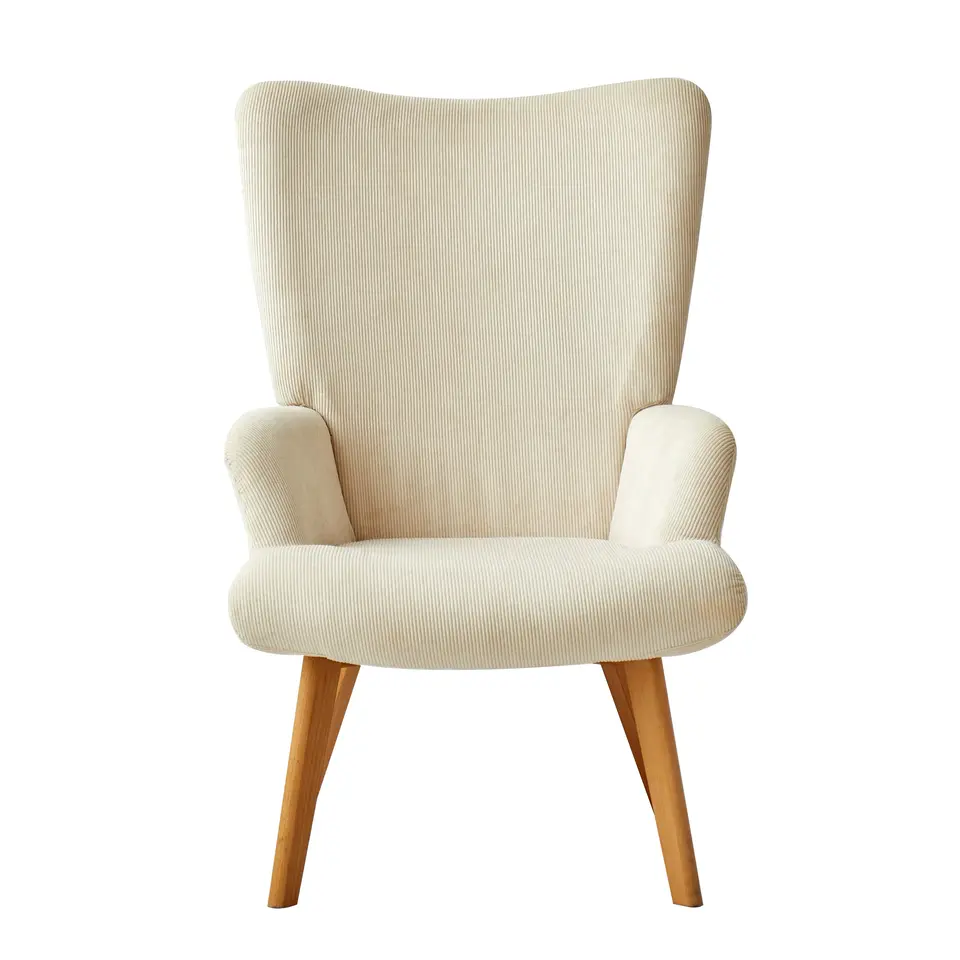 Fauteuil van massief hout en beige fluweel