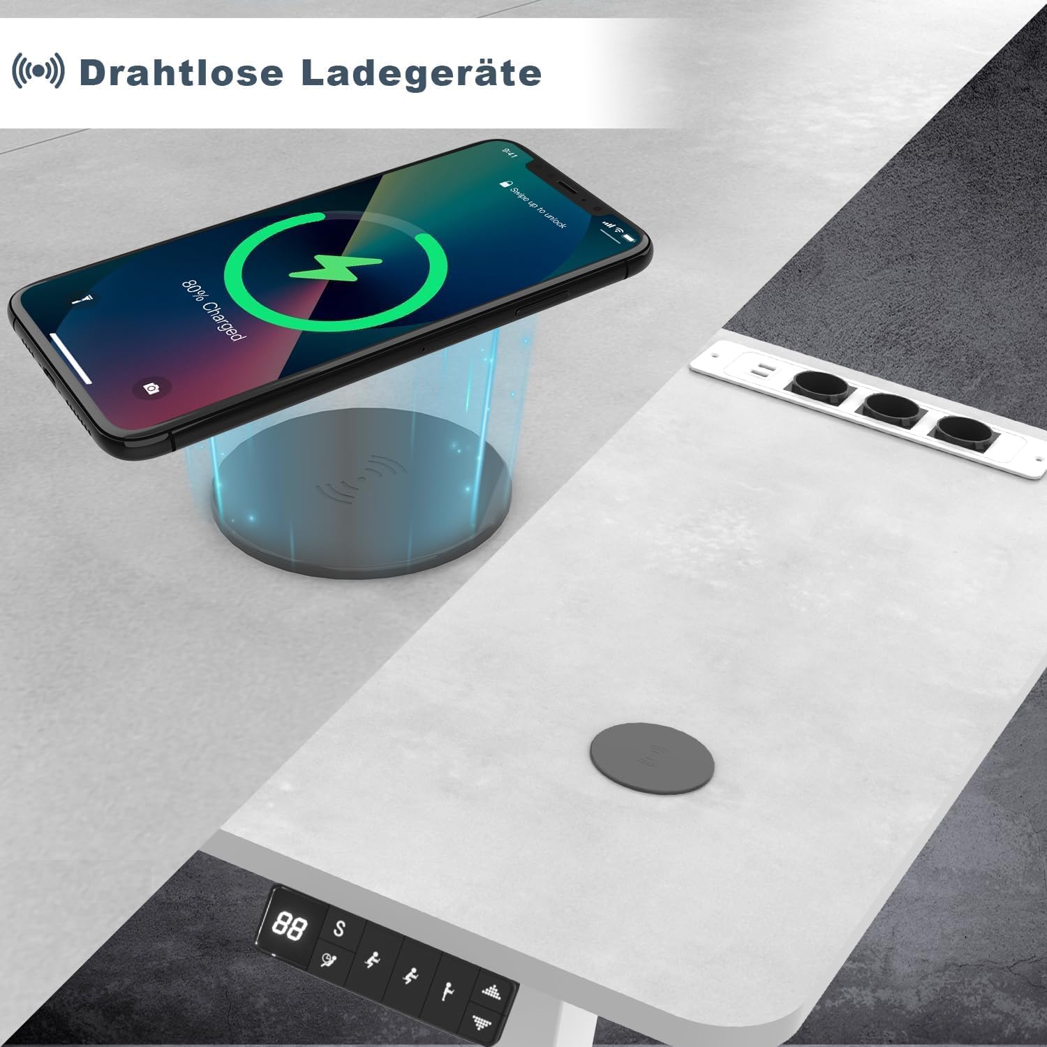 JUMMICO Höhenverstellbarer Schreibtisch mit Kabelloser Ladestation und Euro-Steckdose mit USB, Schreibtisch Höhenverstellbar Elektrisch Stehtisch, Standing Desk (Grau 180x80cm)