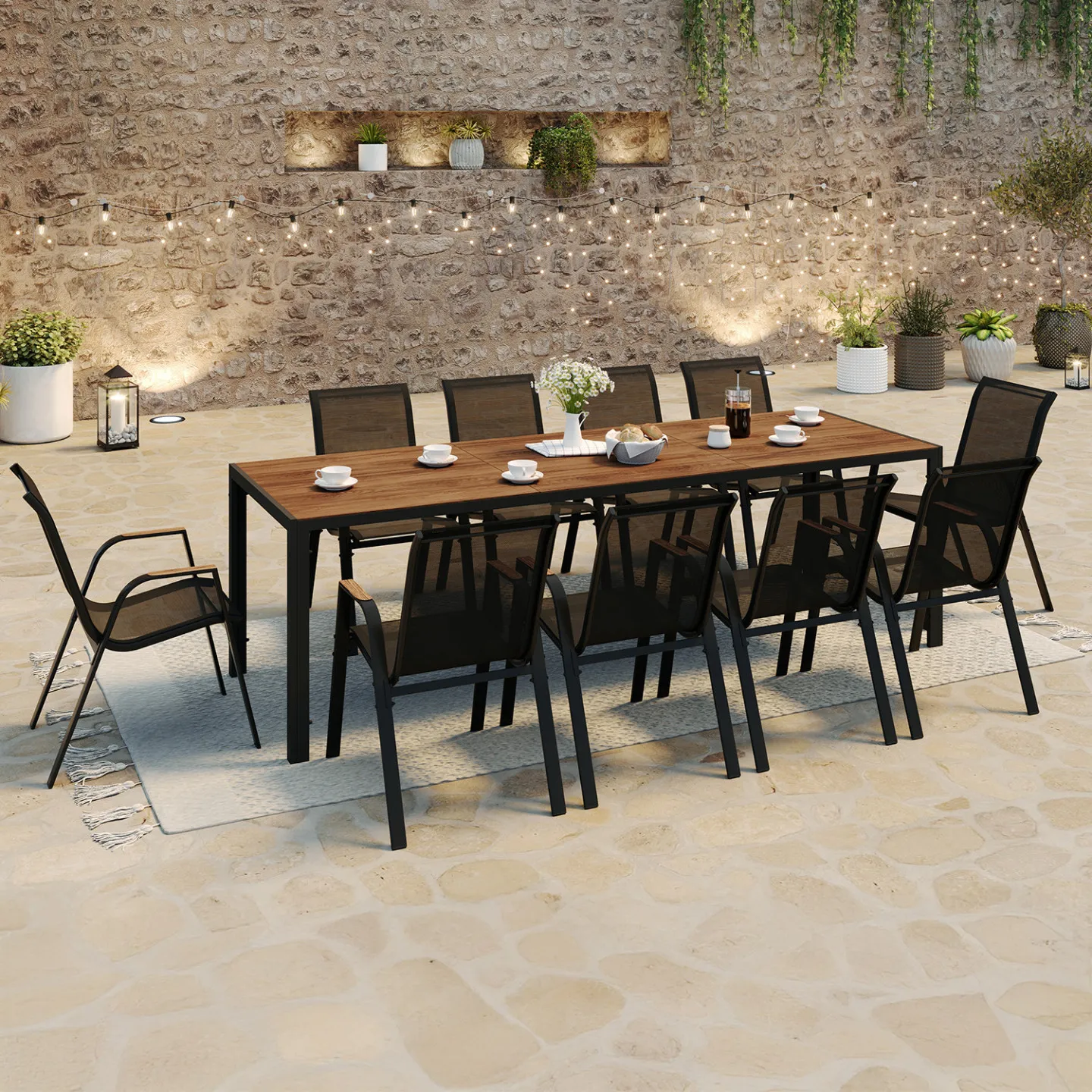 Salon de jardin NOUMEA table 240 cm plateau effet bois et 10 chaises empilables noir et bois