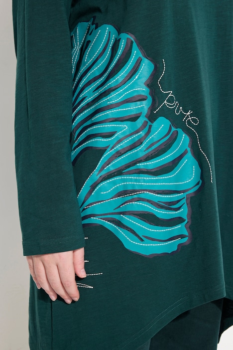 Longshirt, Blätter, V-Ausschnitt, Langarm, Biobaumwolle