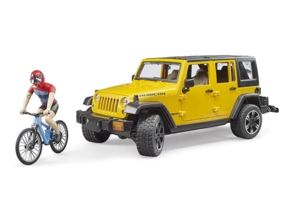 Bruder Jeep Wrangler Rubicon with mountainbike and cyclist toy car