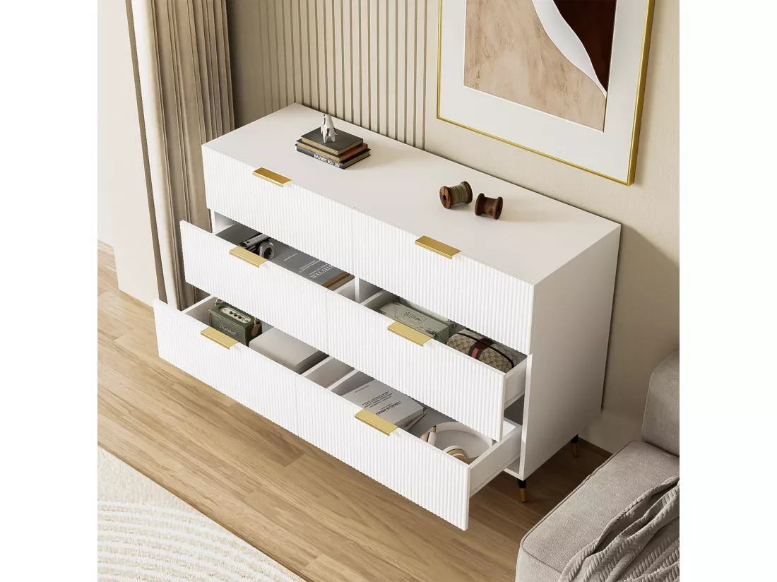 Buffet, commode avec 6 tiroirs - 120 x 40 x 77 cm - Panneaux de particules - Poignées et pièds dorés - Blanc