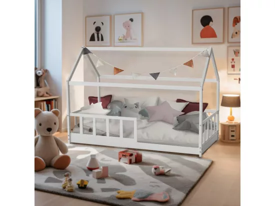 Lit cabane Kiwi 90x190 + 1 sommier + barrière /Blanc