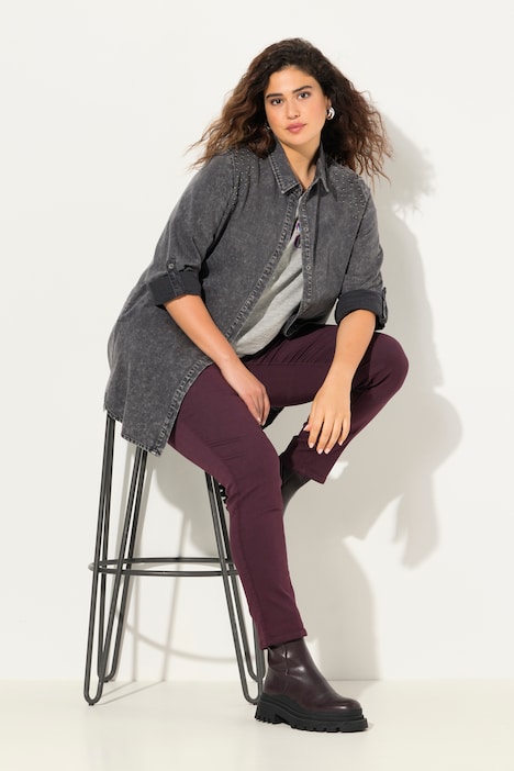 Jeanshemd, Nieten, A-Linie, Hemdkragen, Langarm, Taschen