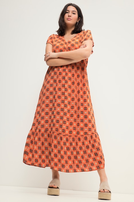 Maxikleid, A-Line, Alloverprint, V-Ausschnitt, Flügel-Halbarm
