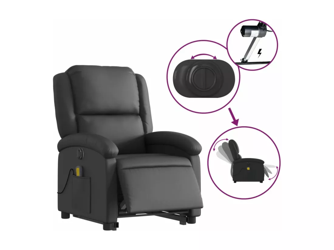 Fauteuil inclinable massant électrique noir cuir véritable