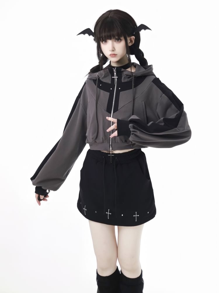 Florimi - Hoodie met rits en opstaande kraag, tweekleurig paneel