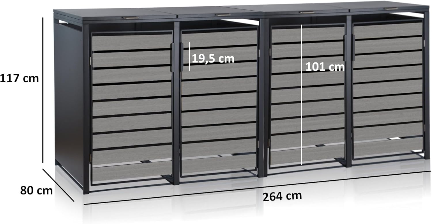 Zelsius Mülltonnenbox 4 Tonnen | 120-240 Liter | Anthrazit RAL 7016 | Tür in hellgrauer Holzoptik inkl. Erweiterungsmöglichkeit | Aufbewahrungsbox für Mülltonnen, Mülltonnenbox 4er