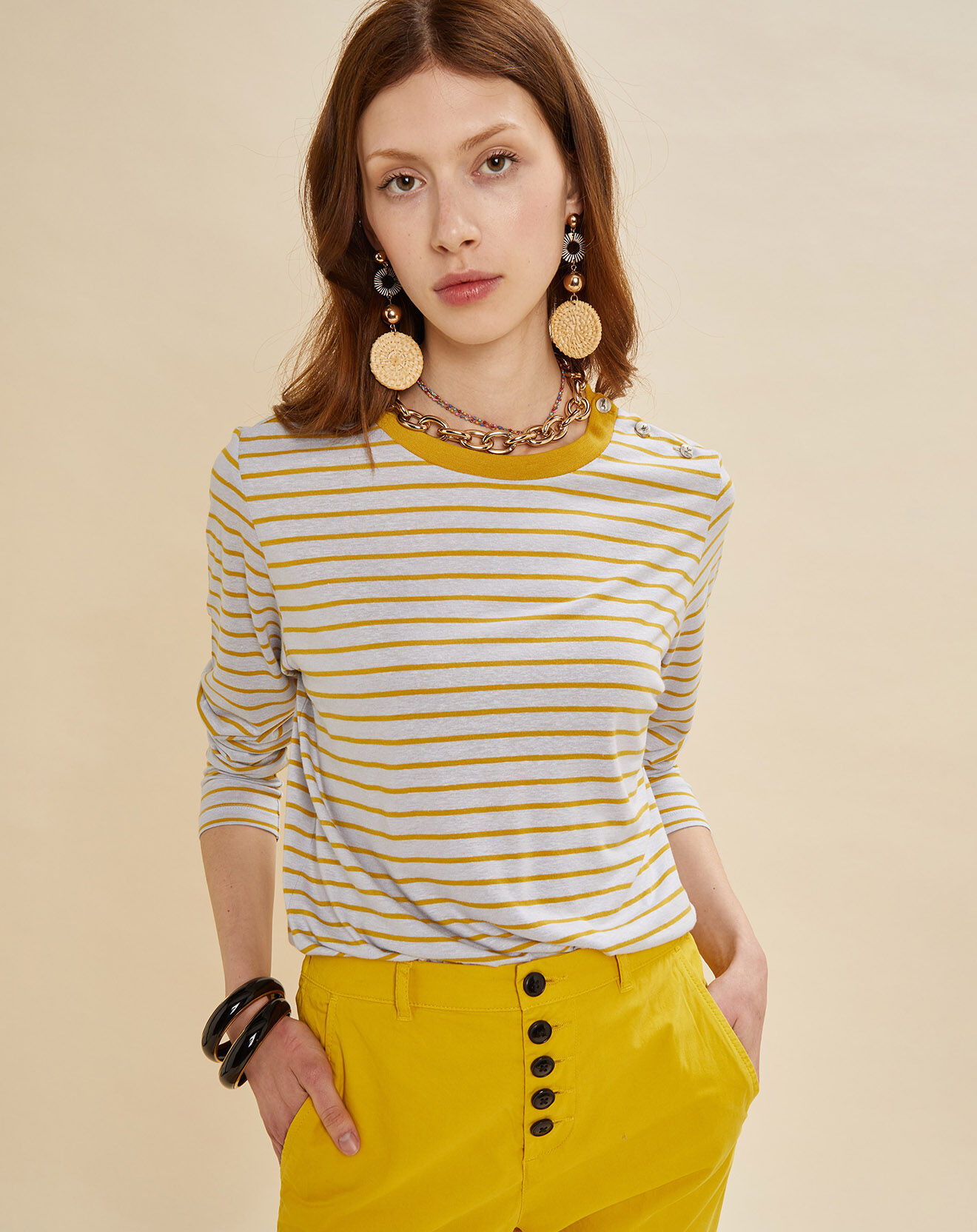 Chloé Stora T-Shirt en Lin mélangé Théodore à rayures ciel/jaune