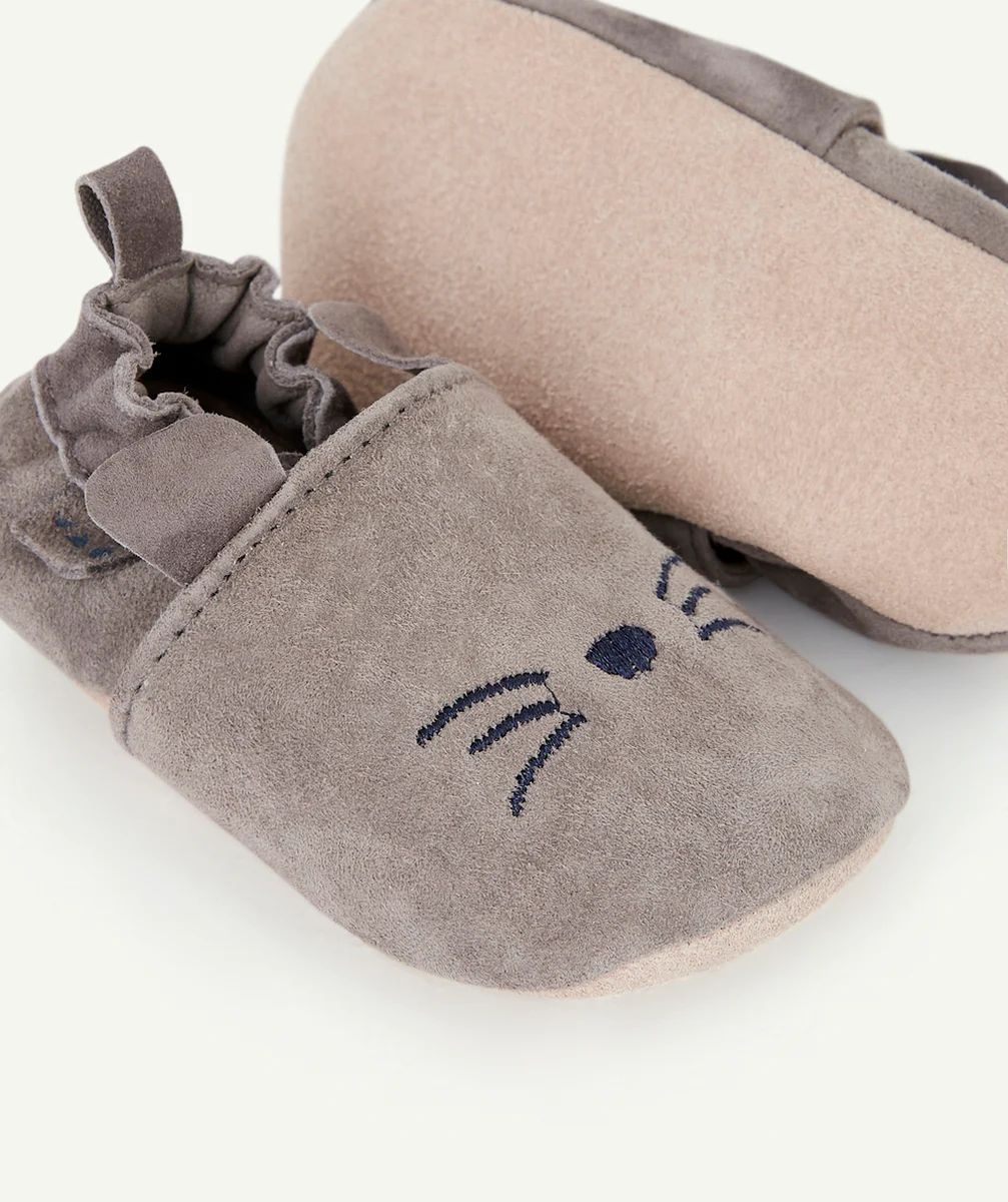 CHAUSSONS EN CUIR BÉBÉ GARÇON GRIS AVEC MOTIF CHAT