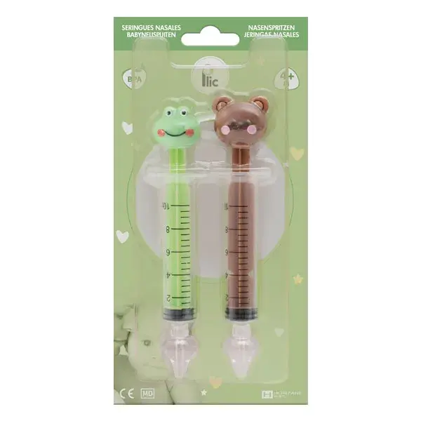 Kit com 2 seringas nasais Plic Care com estampa de urso e sapo