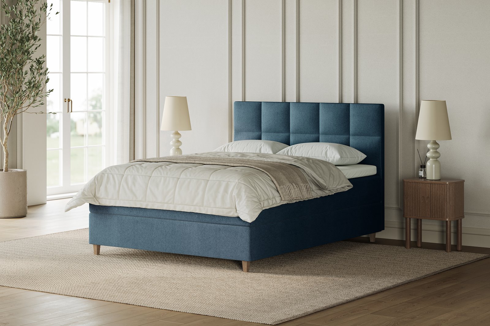 XOV Venus Kontinentalseng 150x200 cm i tekstil Terranova 21 blå, medium/medium med Premium 15 overmadrass og sort firkantede ben, gavl selges separate