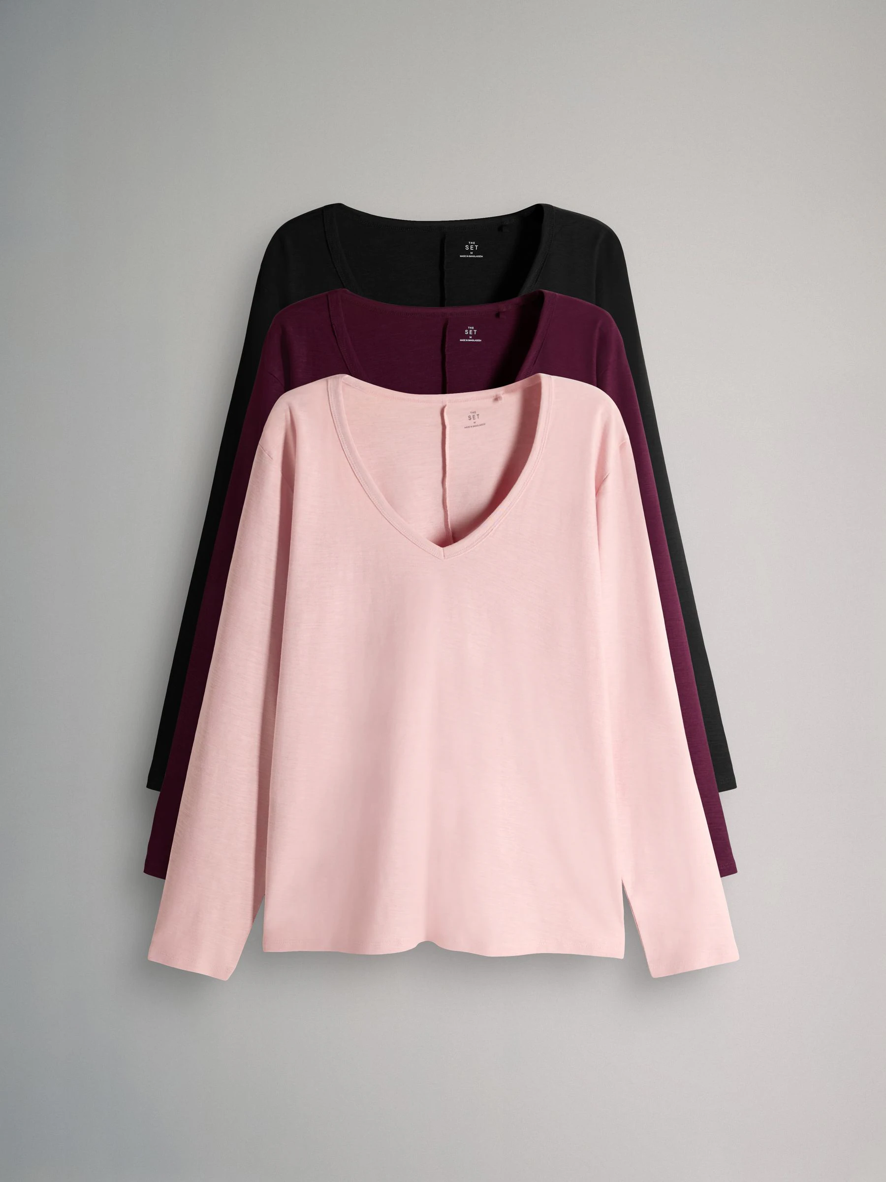 Black/Berry/Pink - The Set 3 Pack 100% Cotton Slub Deep V-Neck Long Sleeve Tops