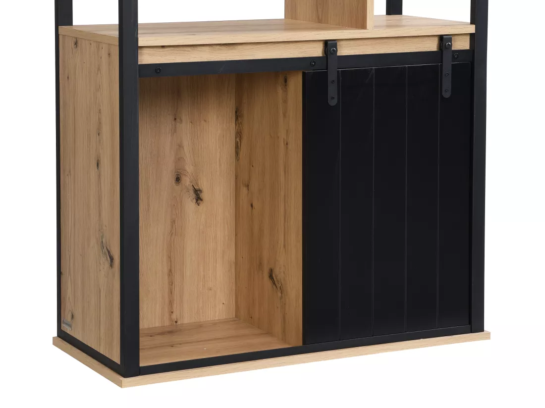 Bibliothèque avec rangements et 1 porte coulissante en MDF et acier - Naturel et Noir - YALENA