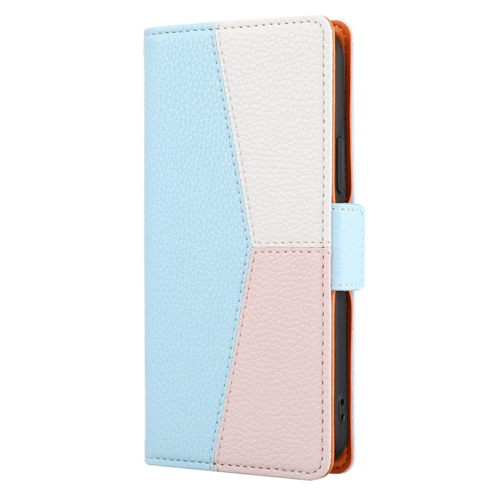 iPhone 12 / iPhone 12 Pro Leder Tasche Flip Cover Litchi Look mit Kartenfächern Geometrisches Design - Blau / Rosa / Weiss