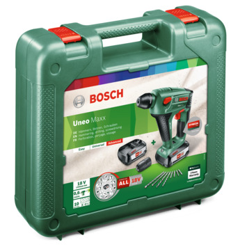Bosch 18V boorhamer met extra boorkop en 8-delige accessoireset (Incl. 2 accu's 2.5Ah + lader)