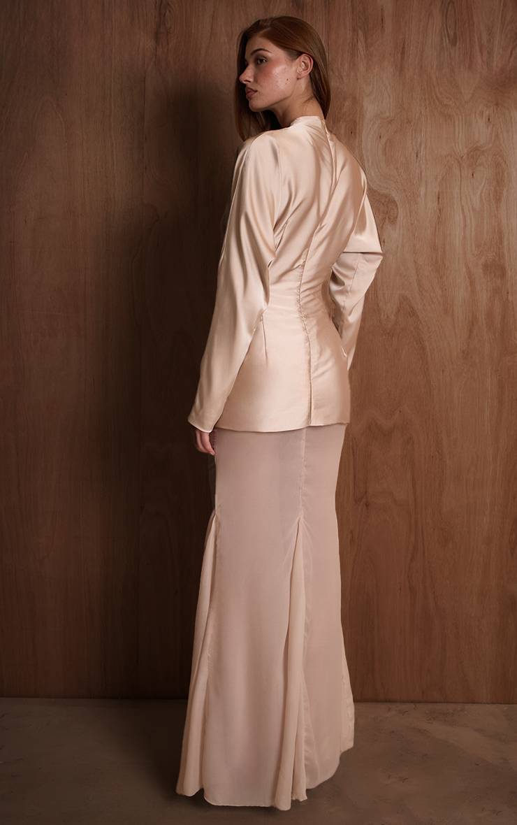 Champagne Robe Longue Plt Label En Satin Col Montant Avec Jupe Sirène En Mousseline