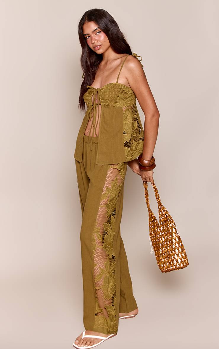 Vert Olive Pantalon Coordonné À Appliqués De Dentelle Florale