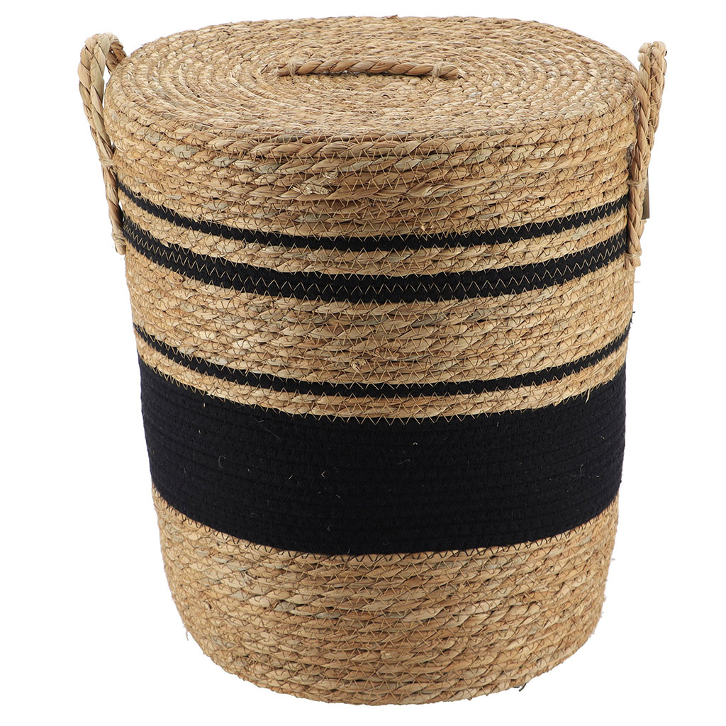 Panière linge couvercle noir osier naturel 43x37cm
