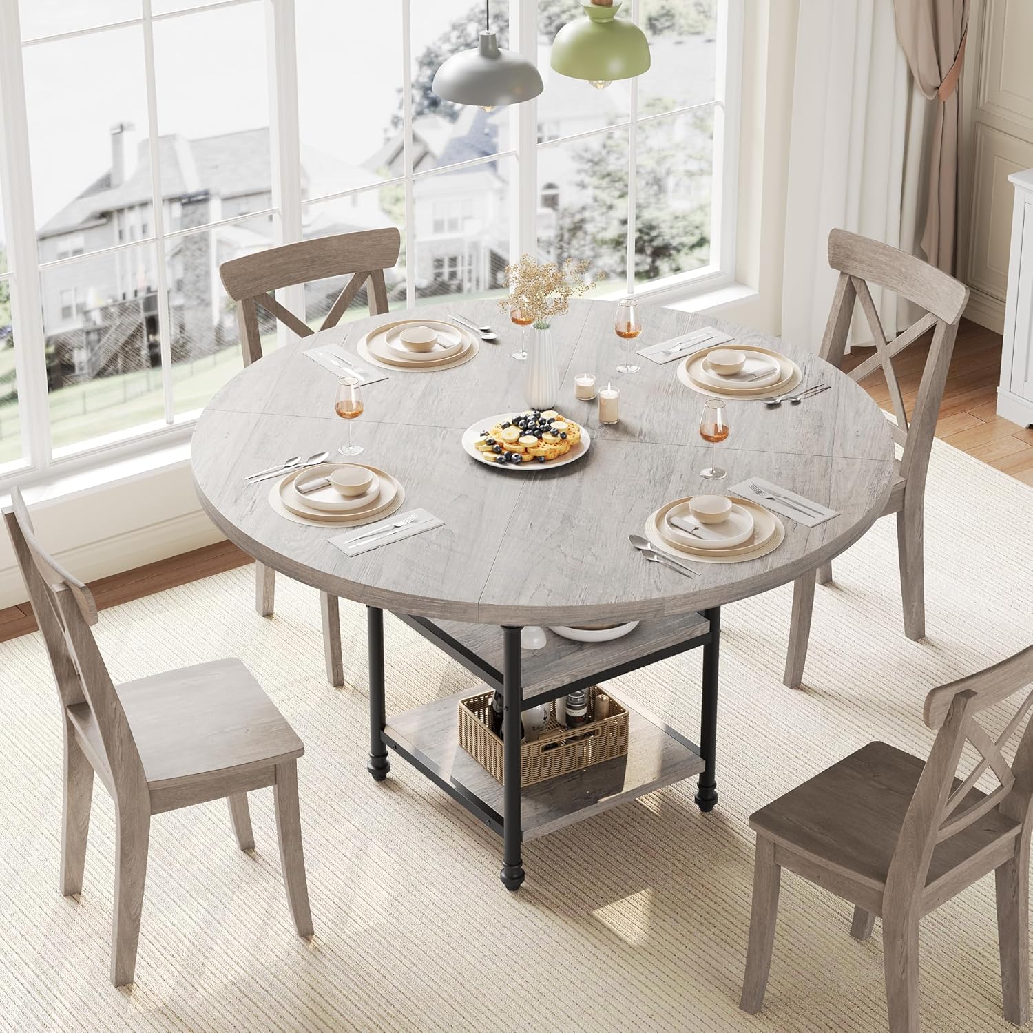 Runder Esstisch Für 4–6 Personen, Mit Römischen Säulenbeinen, 120cm Durchmesser, Mit Stauraum, Metall-Küchentisch, Geeignet Für Küche, Esszimmer Und Wohnzimmer (Nur Tisch)
