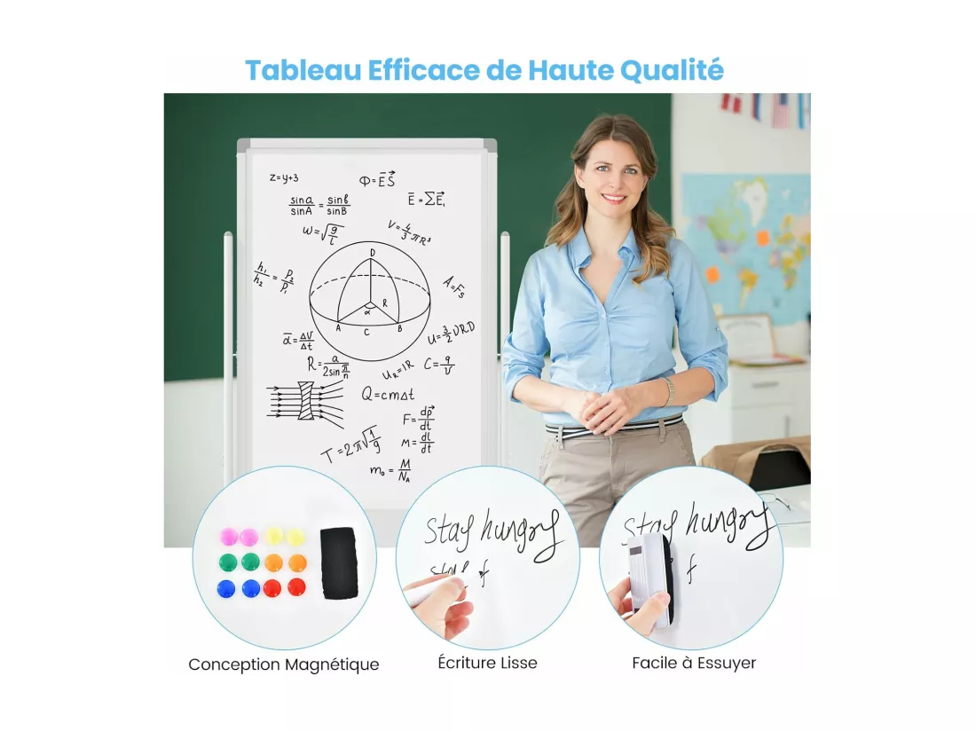 Tableau Blanc sur Pieds Double Face Pivotante 60x100cm, Tableau Blanc Magnétique Effaçable à Sec, Hauteur Réglable sur 2 Positions, 4 Roulettes, pour École, Maison, Bureau (60x100cm, Blanc)