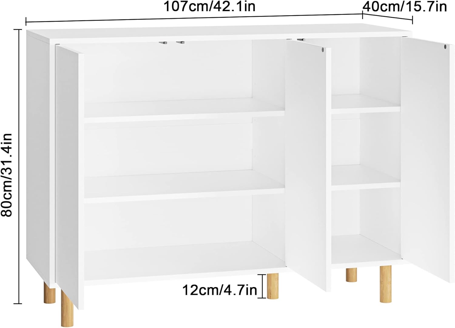 FirFurd Sideboard, Kommode weiß, Küchenschrank mit 3 Türen, griffloses Design, verstellbare Regale, 107x40x80cm(BxTxH)