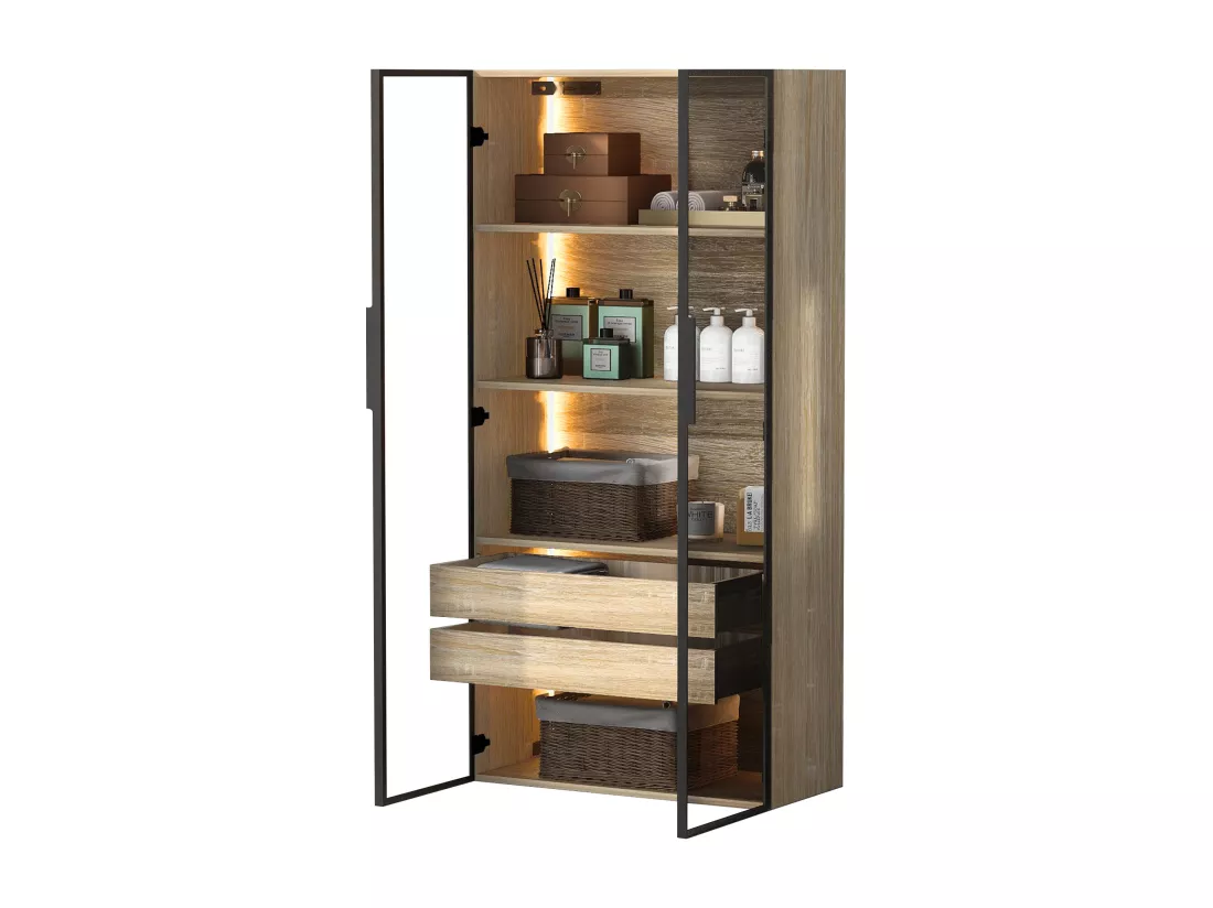 Vitrine、Meuble de salle de bain avec LED - 2 grands tiroirs et 2 portes vitrées - Naturel