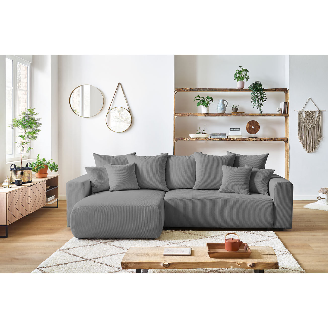 Bobochic Canapé d'angle convertible reversible velours côtelé Envy gris foncé - 282x153x95 cm