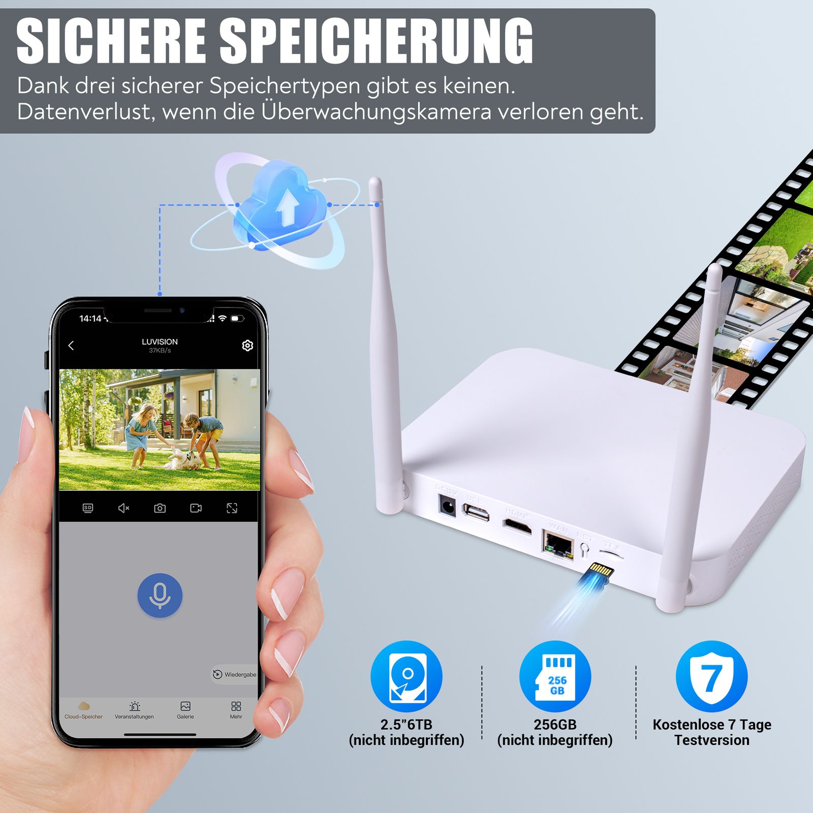LUVISION Dual WLAN Funk Video Überwachungssystem 10 Kanal Mini NVR 5MP Überwachungskamera Set Mikrofon Cloud