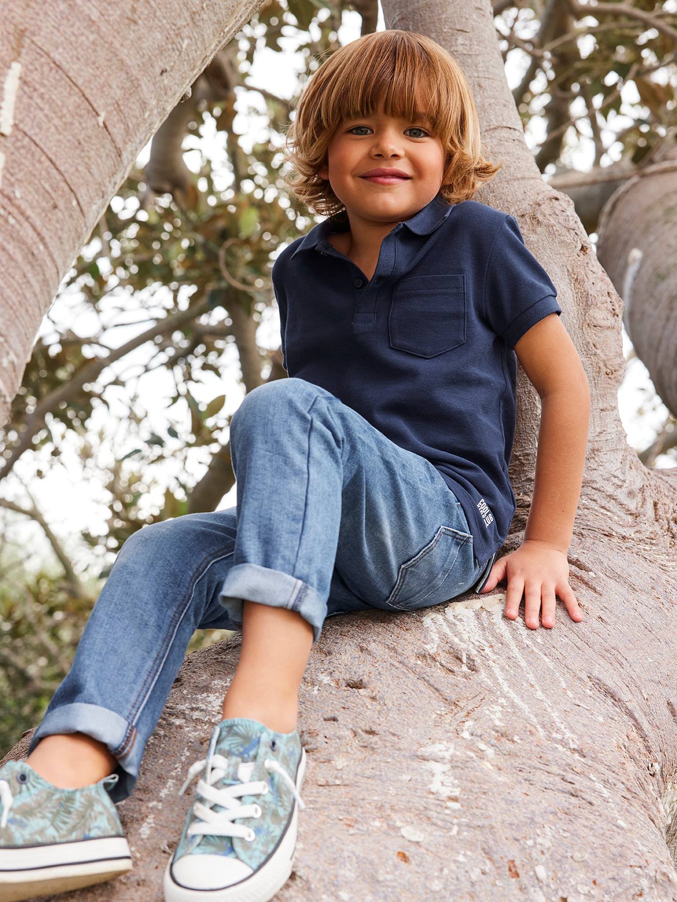 Calça jeans reta indestrutível para meninos, lavagem azul escura