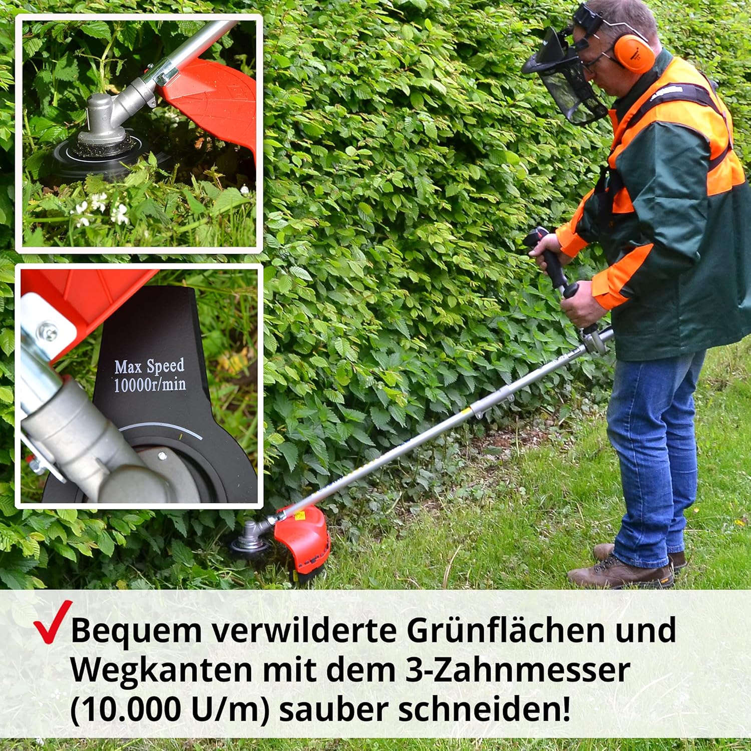 HECHT Benzin Freischneider Motorsense mit 2-Takt-Motor mit 2 PS – 43 cm und 25,5 cm Schnittkreis – inklusive Doppel Faden Spule und Metallmesser, Komfort-Tragegurt, Lenkradgriff – Antivibrationsgriff