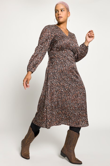 Midikleid, A-Line, Allover Print, V-Ausschnitt, Langarm
