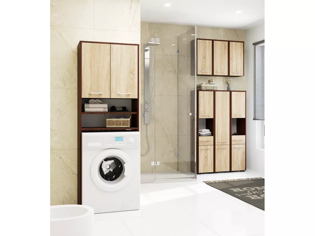 meuble machine a laver 2 portes marron bois 4 étagères 64x30x180 cm