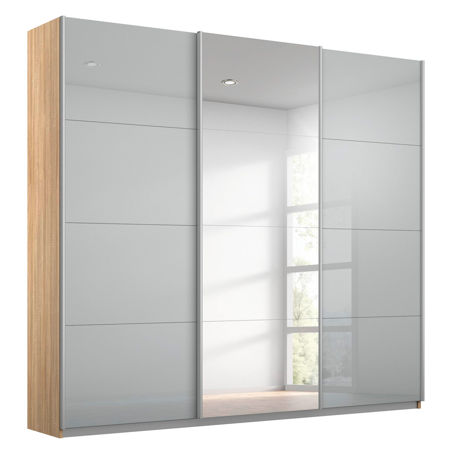 Schwebetürenschrank - seidengrau - Sonoma Eiche - mit Spiegel - 203x210 cm