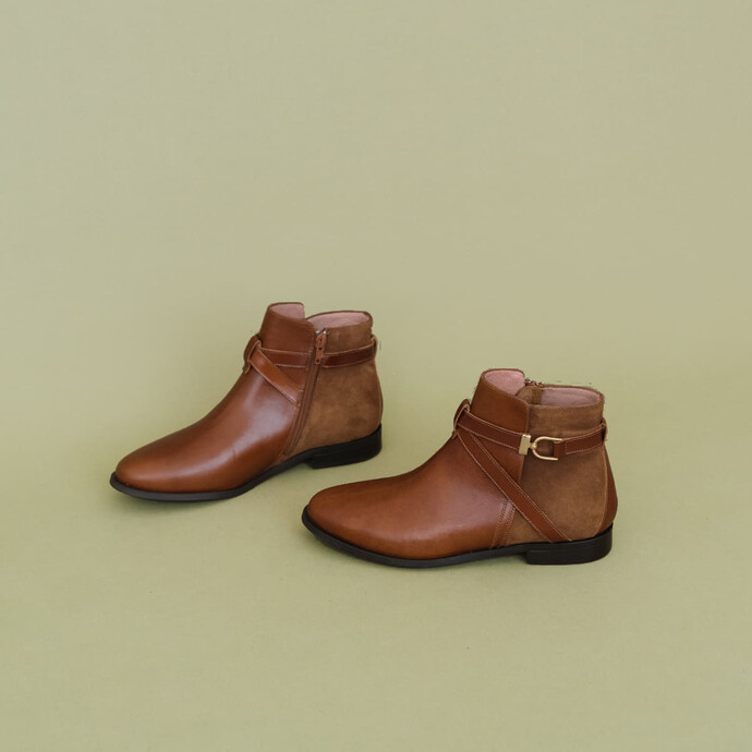 Bottines bi-matières  en velours bark et cuir