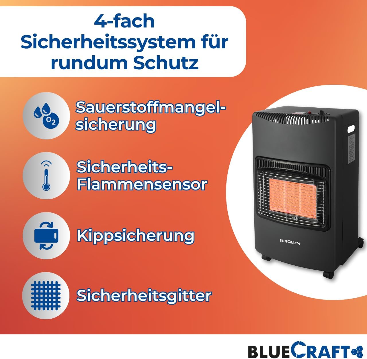 Bluecraft Gas-Ofen Heizofen in PREMIUM QUALITÄT Gasheizer für INNENRÄUME Infrarot Heizstrahler Notofen 4,2 kW | Camping-Heizung mit Haushaltsregler, Gasschlauch, Gasflaschenschlüssel, Lecksuchspray