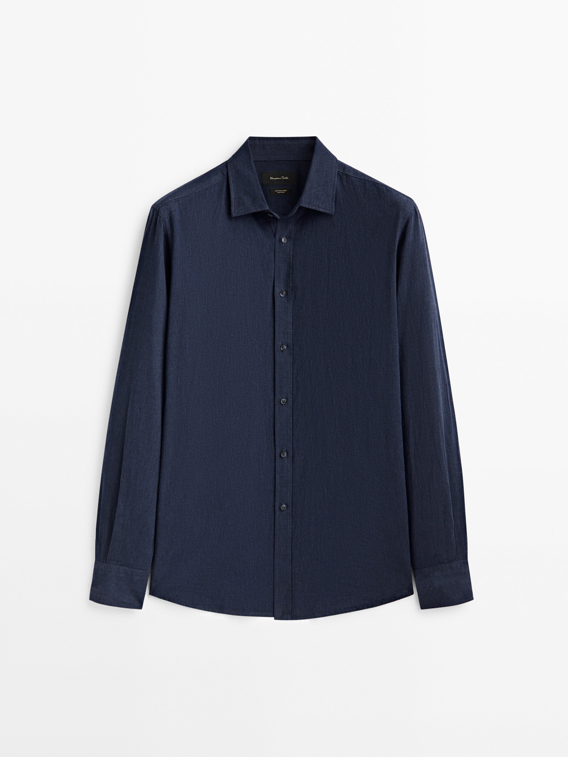 Camisa listrada de corte justo em linho e algodão - AZUL MARINHO